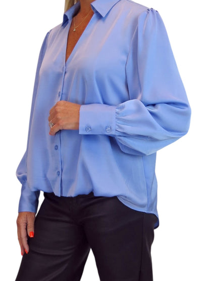 Womens Smart Satin Long Sleeve Blouse Blue