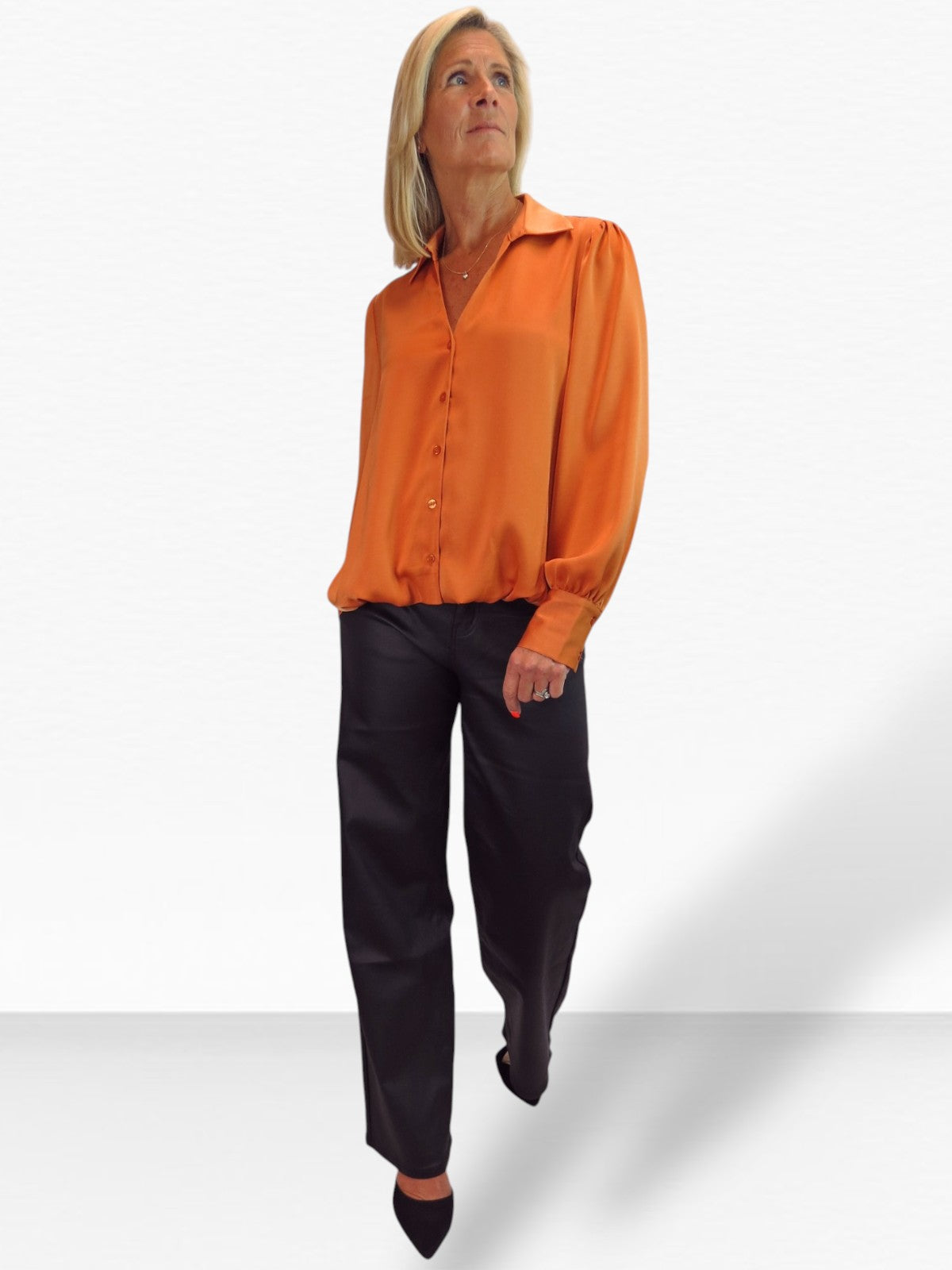 Womens Smart Satin Long Sleeve Blouse Orange