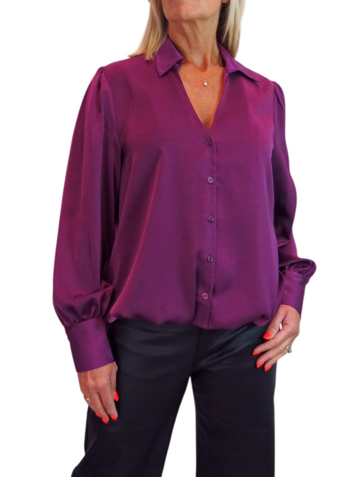 Womens Smart Satin Long Sleeve Blouse Deep Plum