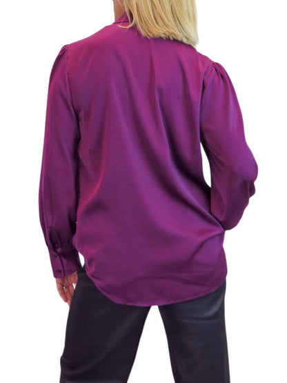Womens Smart Satin Long Sleeve Blouse Deep Plum