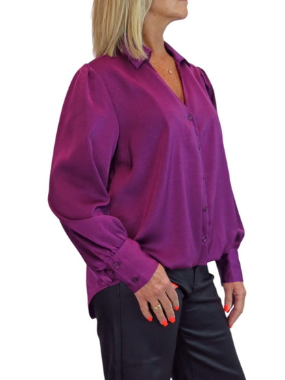 Womens Smart Satin Long Sleeve Blouse Deep Plum