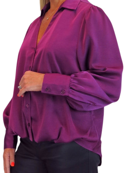 Womens Smart Satin Long Sleeve Blouse Deep Plum