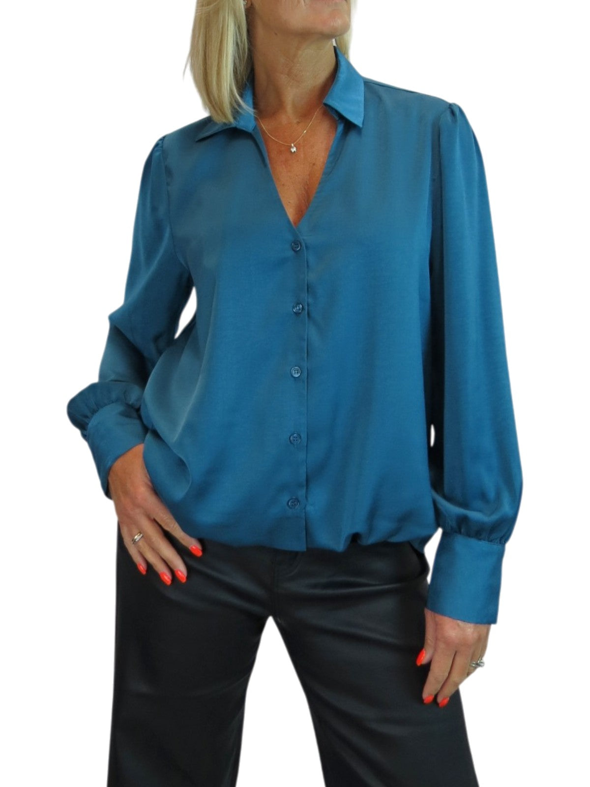 Womens Smart Satin Long Sleeve Blouse Dark Teal