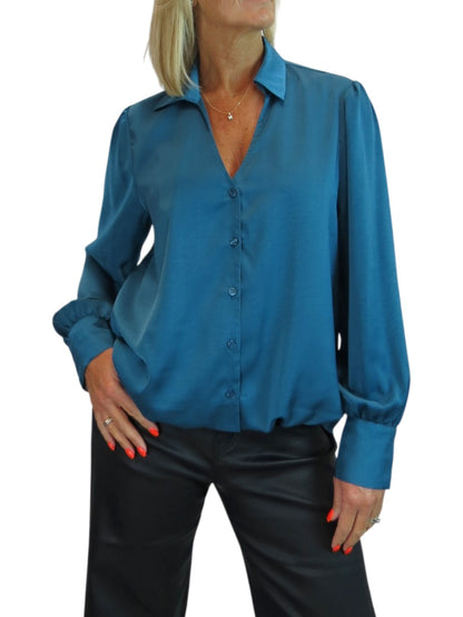 Womens Smart Satin Long Sleeve Blouse Dark Teal