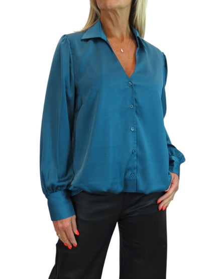 Womens Smart Satin Long Sleeve Blouse Dark Teal
