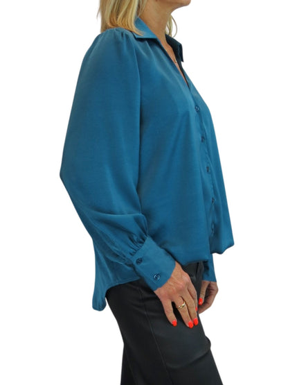 Womens Smart Satin Long Sleeve Blouse Dark Teal