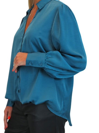 Womens Smart Satin Long Sleeve Blouse Dark Teal