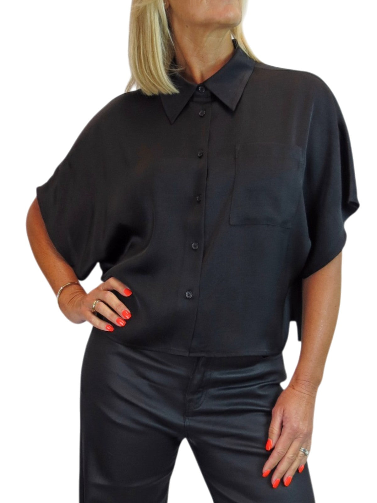 Womens Cropped Satin Short Sleeve Blouse Black