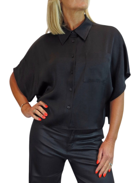Womens Cropped Satin Short Sleeve Blouse Black