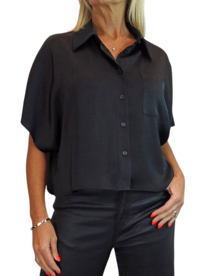 Womens Cropped Satin Short Sleeve Blouse Black