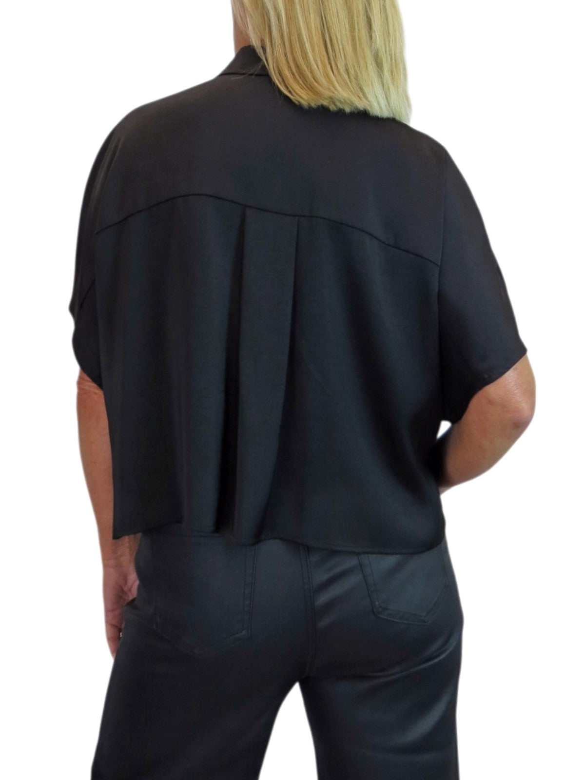 Womens Cropped Satin Short Sleeve Blouse Black