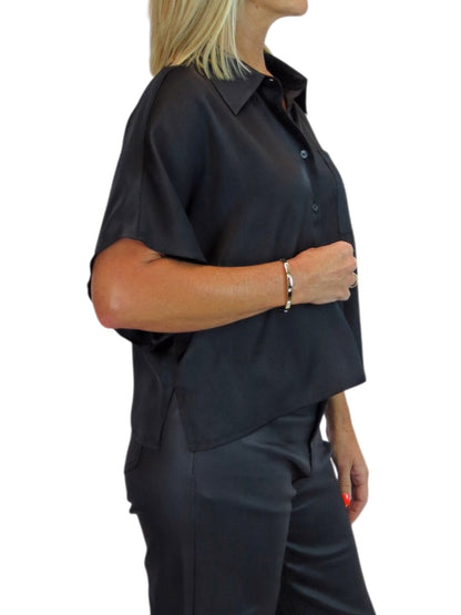 Womens Cropped Satin Short Sleeve Blouse Black