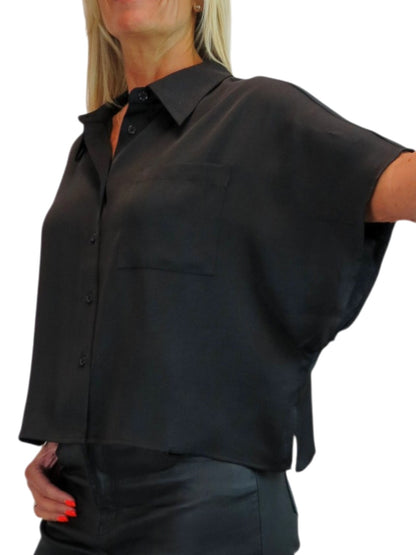 Womens Cropped Satin Short Sleeve Blouse Black