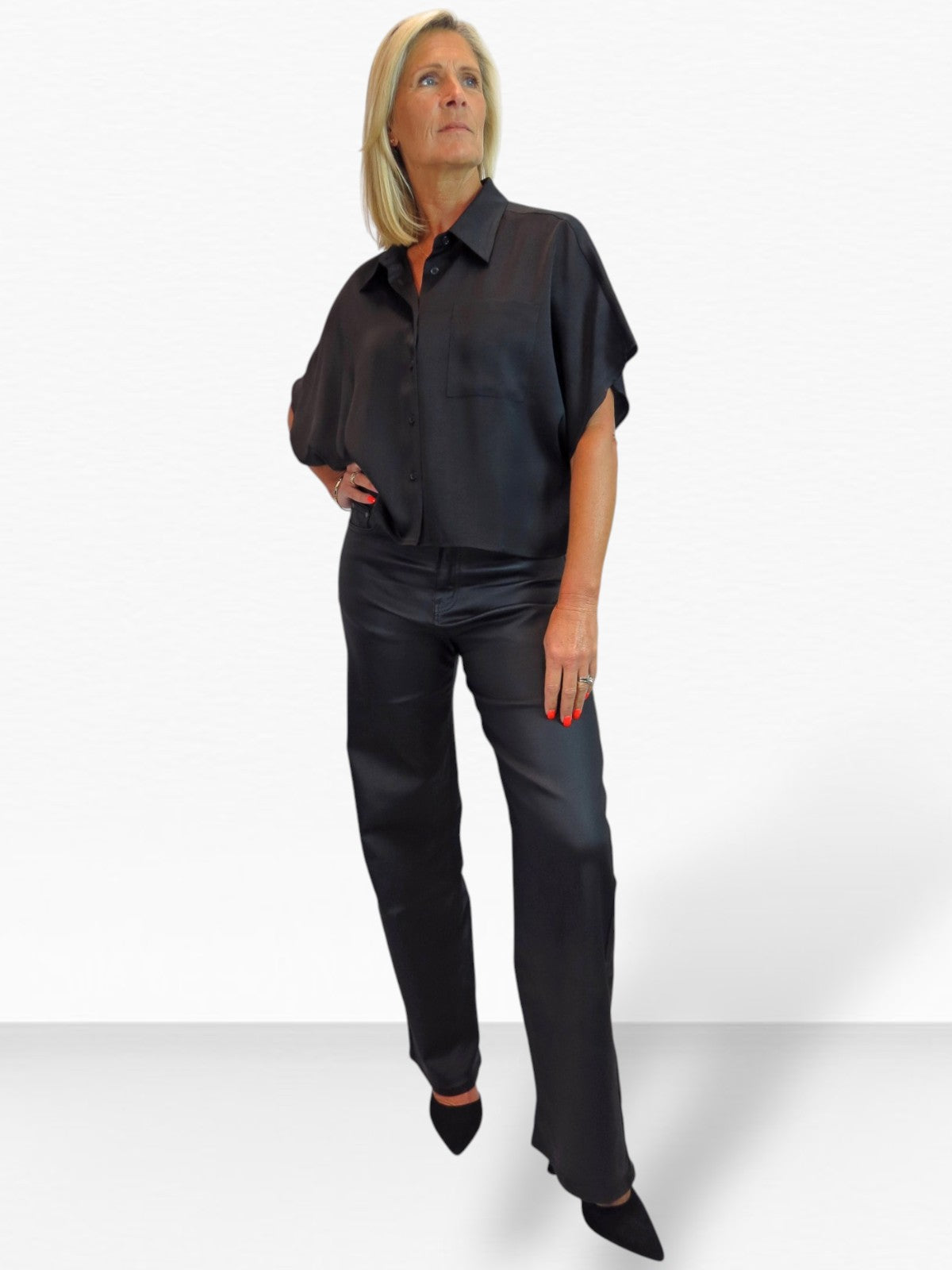 Womens Cropped Satin Short Sleeve Blouse Black
