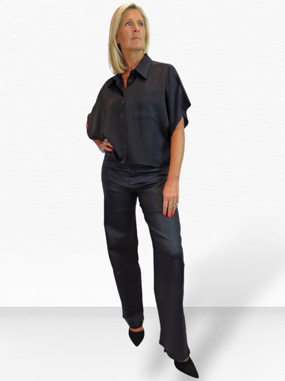 Womens Cropped Satin Short Sleeve Blouse Black