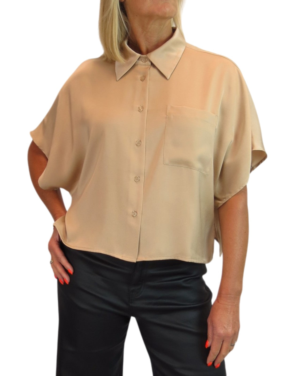 Womens Cropped Satin Short Sleeve Blouse Champagne Gold