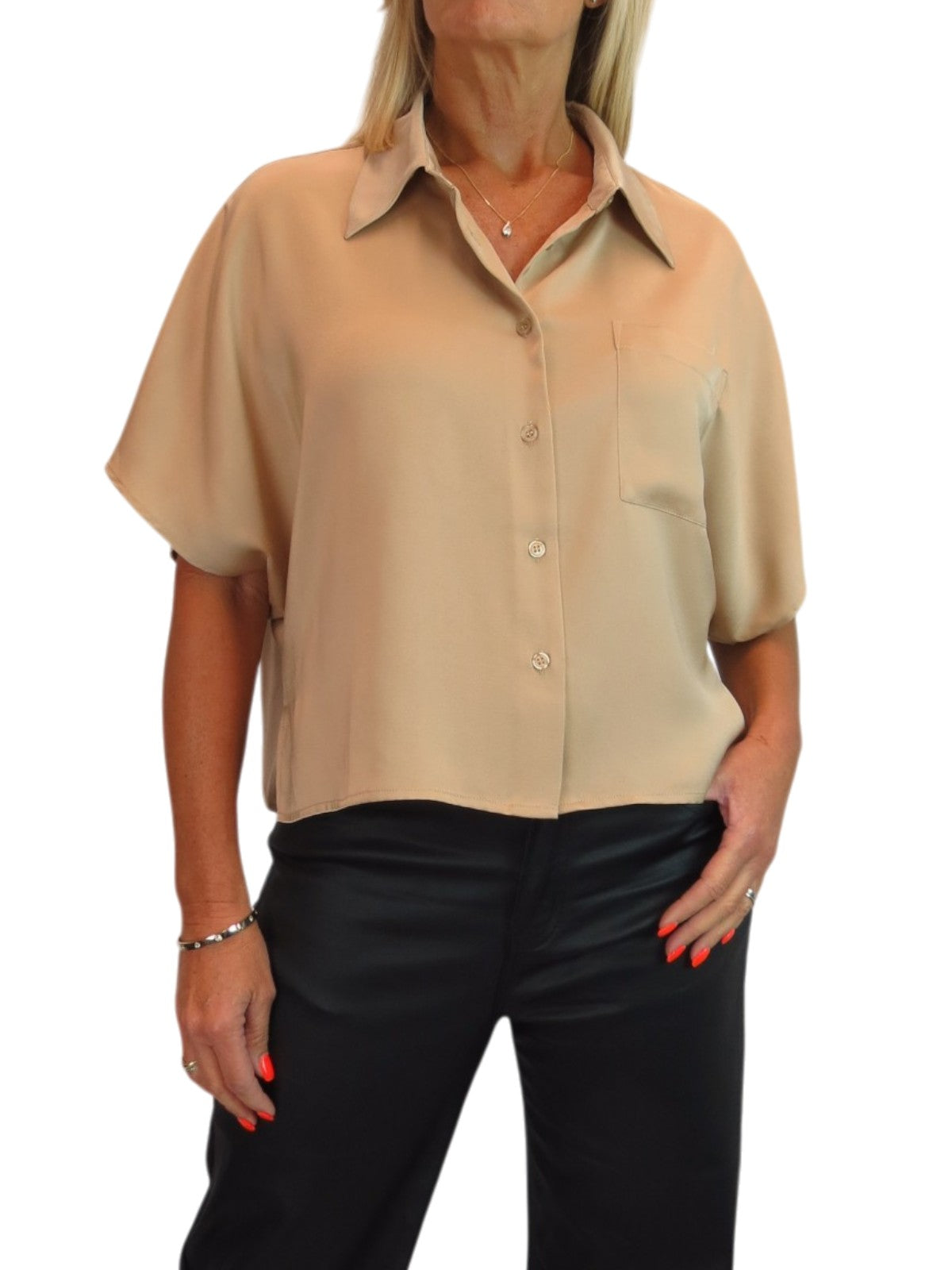 Womens Cropped Satin Short Sleeve Blouse Champagne Gold