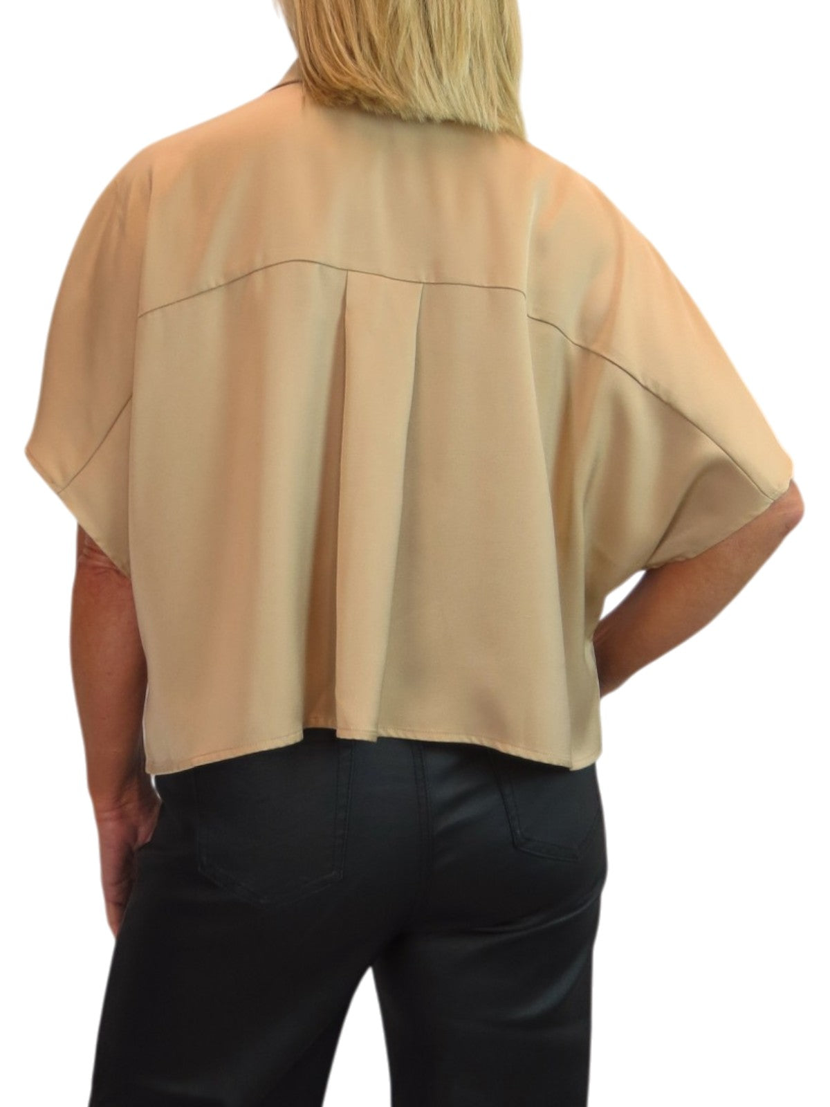Womens Cropped Satin Short Sleeve Blouse Champagne Gold