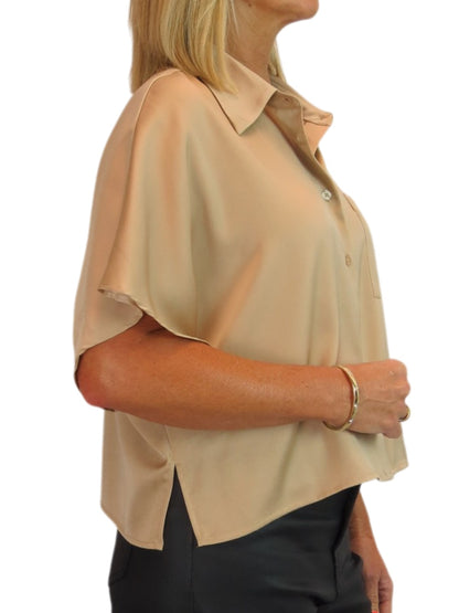 Womens Cropped Satin Short Sleeve Blouse Champagne Gold