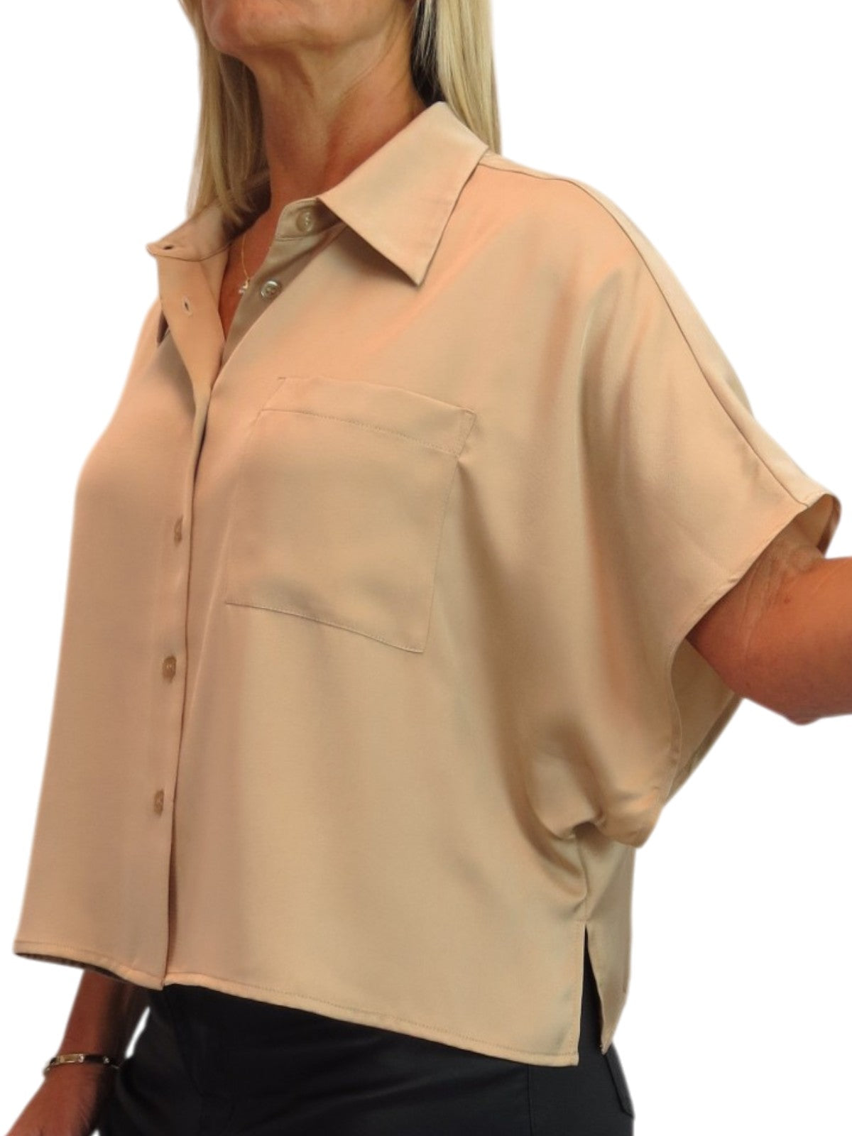 Womens Cropped Satin Short Sleeve Blouse Champagne Gold