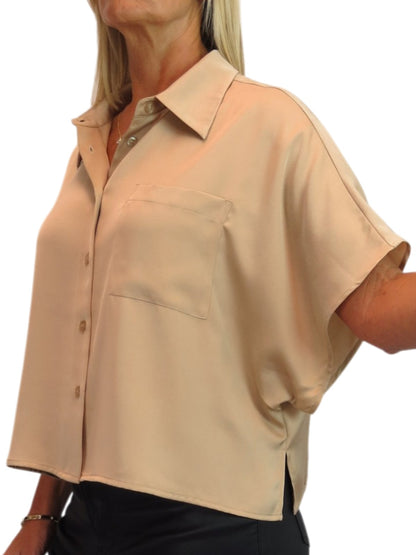 Womens Cropped Satin Short Sleeve Blouse Champagne Gold