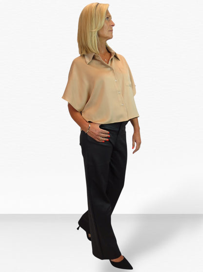 Womens Cropped Satin Short Sleeve Blouse Champagne Gold