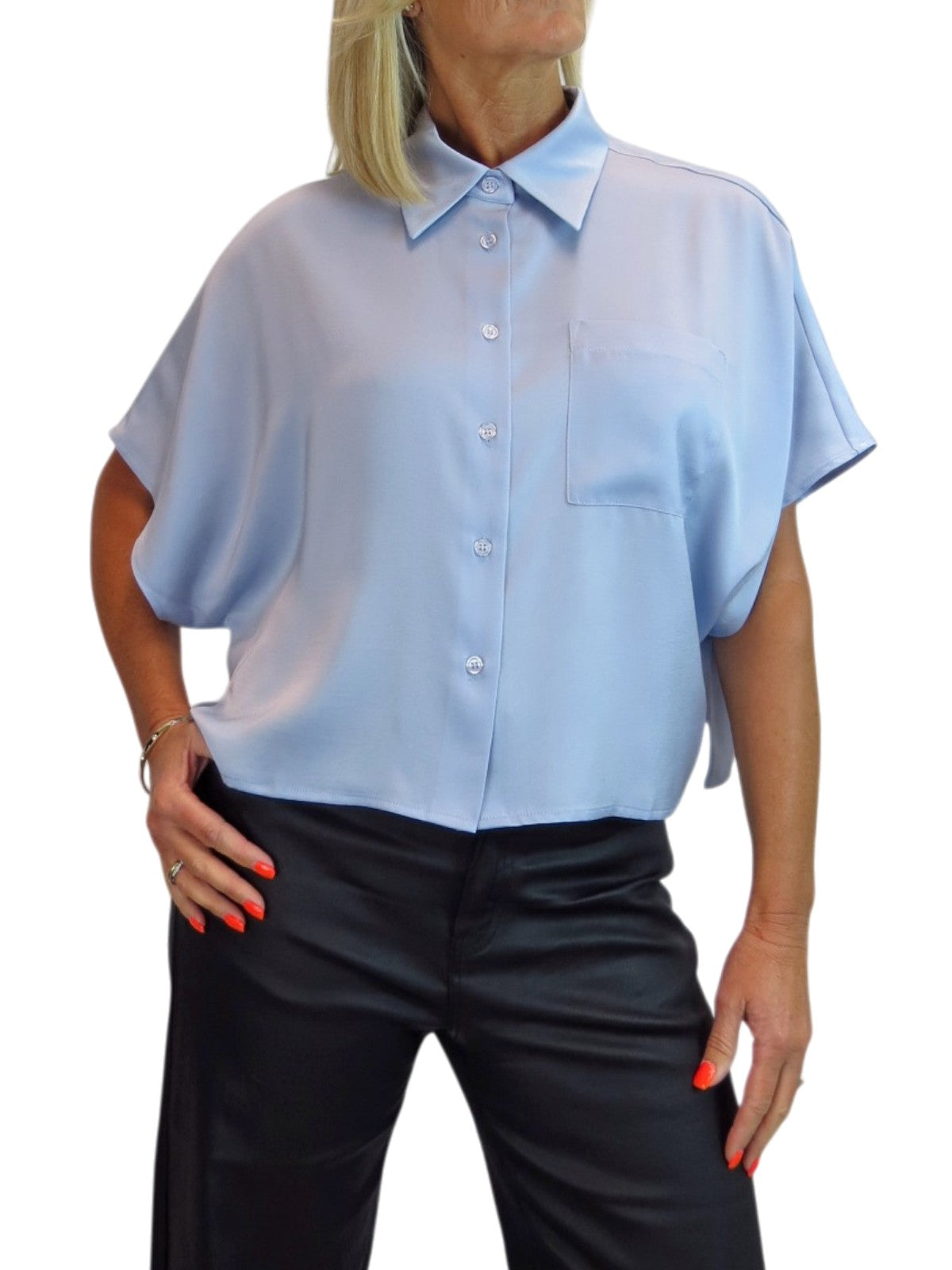 Womens Cropped Satin Short Sleeve Blouse Silver Blue