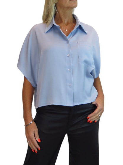 Womens Cropped Satin Short Sleeve Blouse Silver Blue