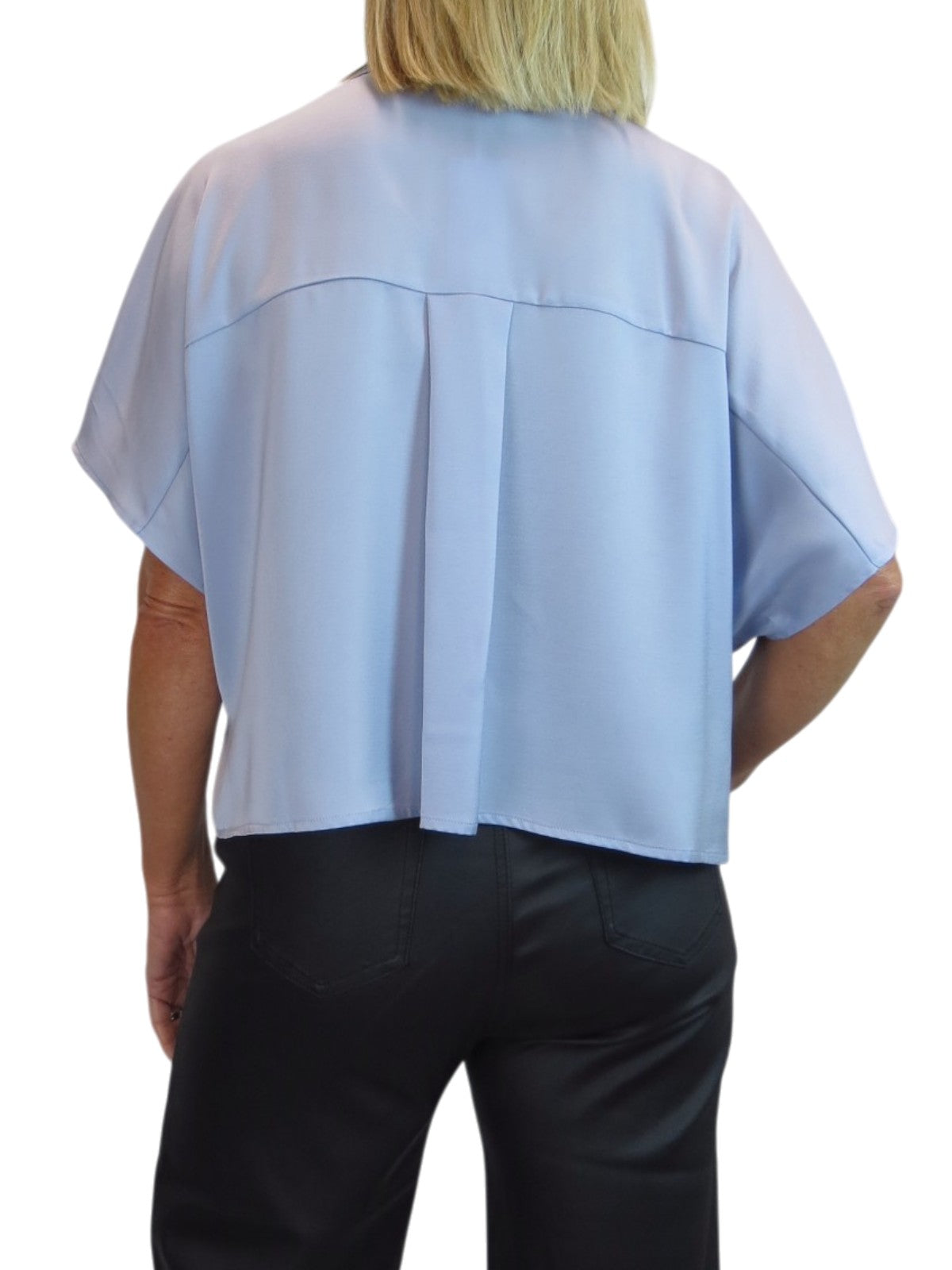 Womens Cropped Satin Short Sleeve Blouse Silver Blue