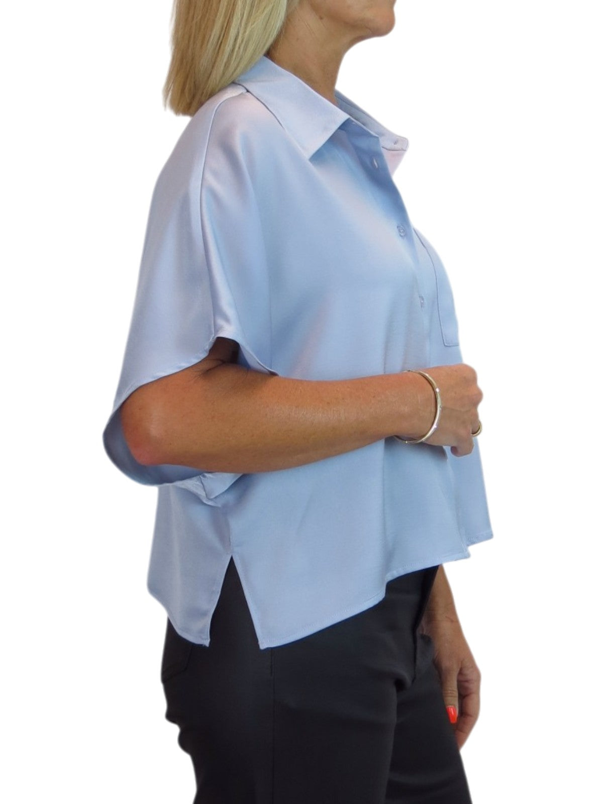 Womens Cropped Satin Short Sleeve Blouse Silver Blue