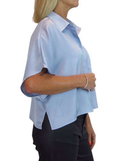 Womens Cropped Satin Short Sleeve Blouse Silver Blue