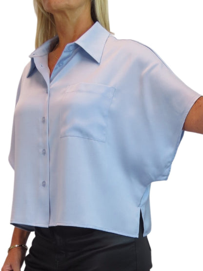 Womens Cropped Satin Short Sleeve Blouse Silver Blue