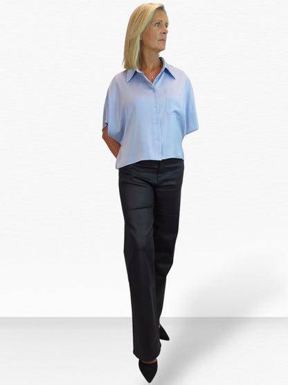 Womens Cropped Satin Short Sleeve Blouse Silver Blue