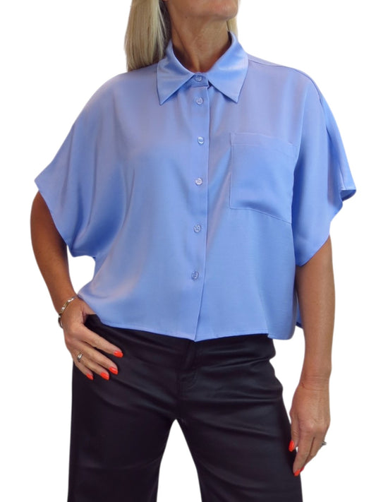Womens Cropped Satin Short Sleeve Blouse Blue