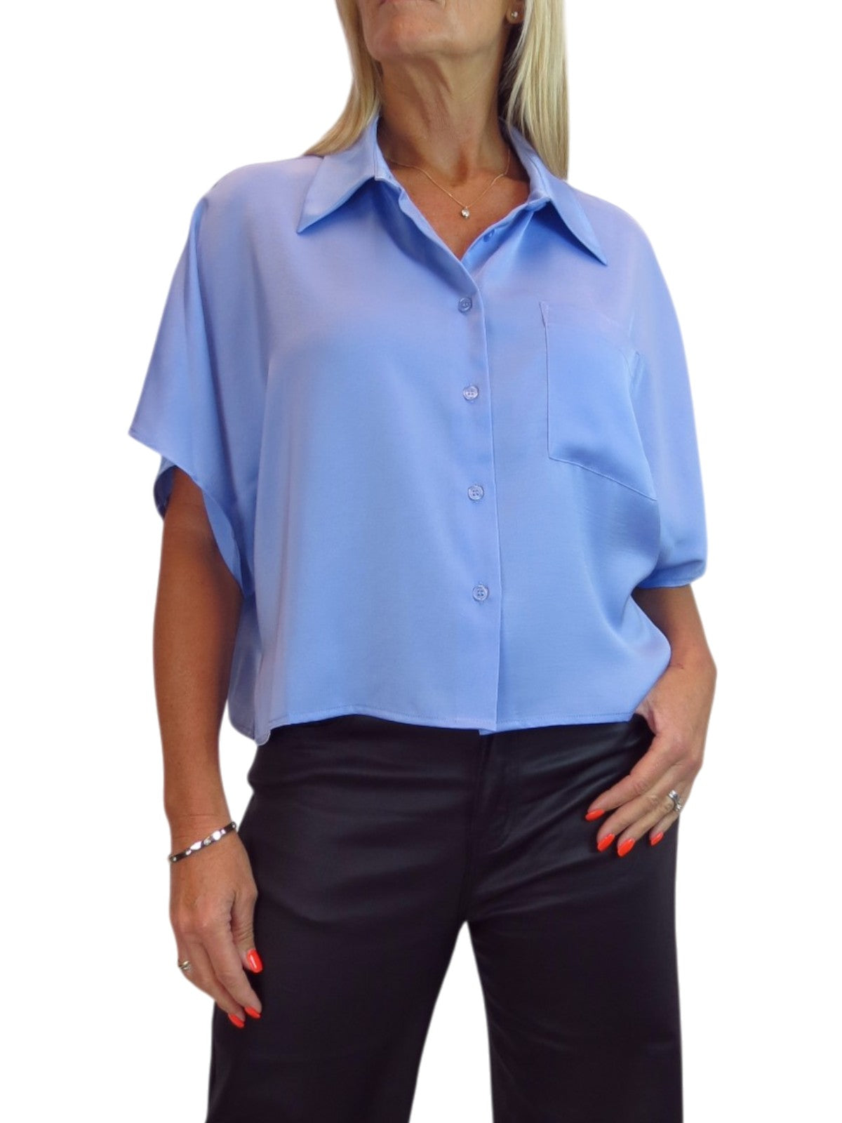 Womens Cropped Satin Short Sleeve Blouse Blue