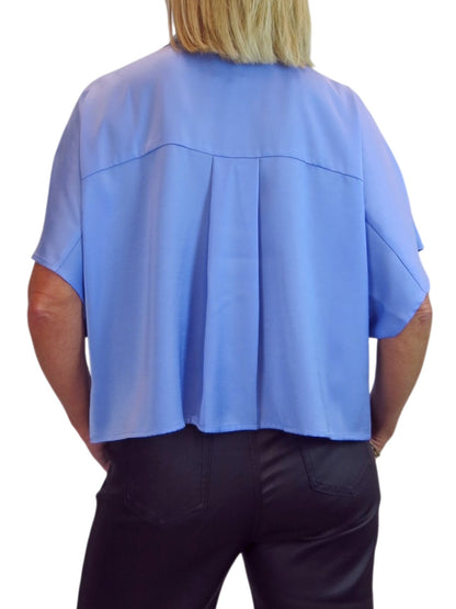 Womens Cropped Satin Short Sleeve Blouse Blue