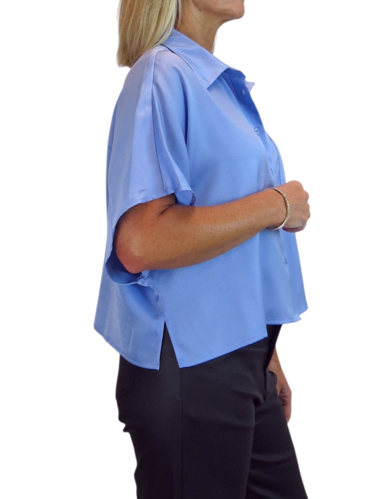 Womens Cropped Satin Short Sleeve Blouse Blue