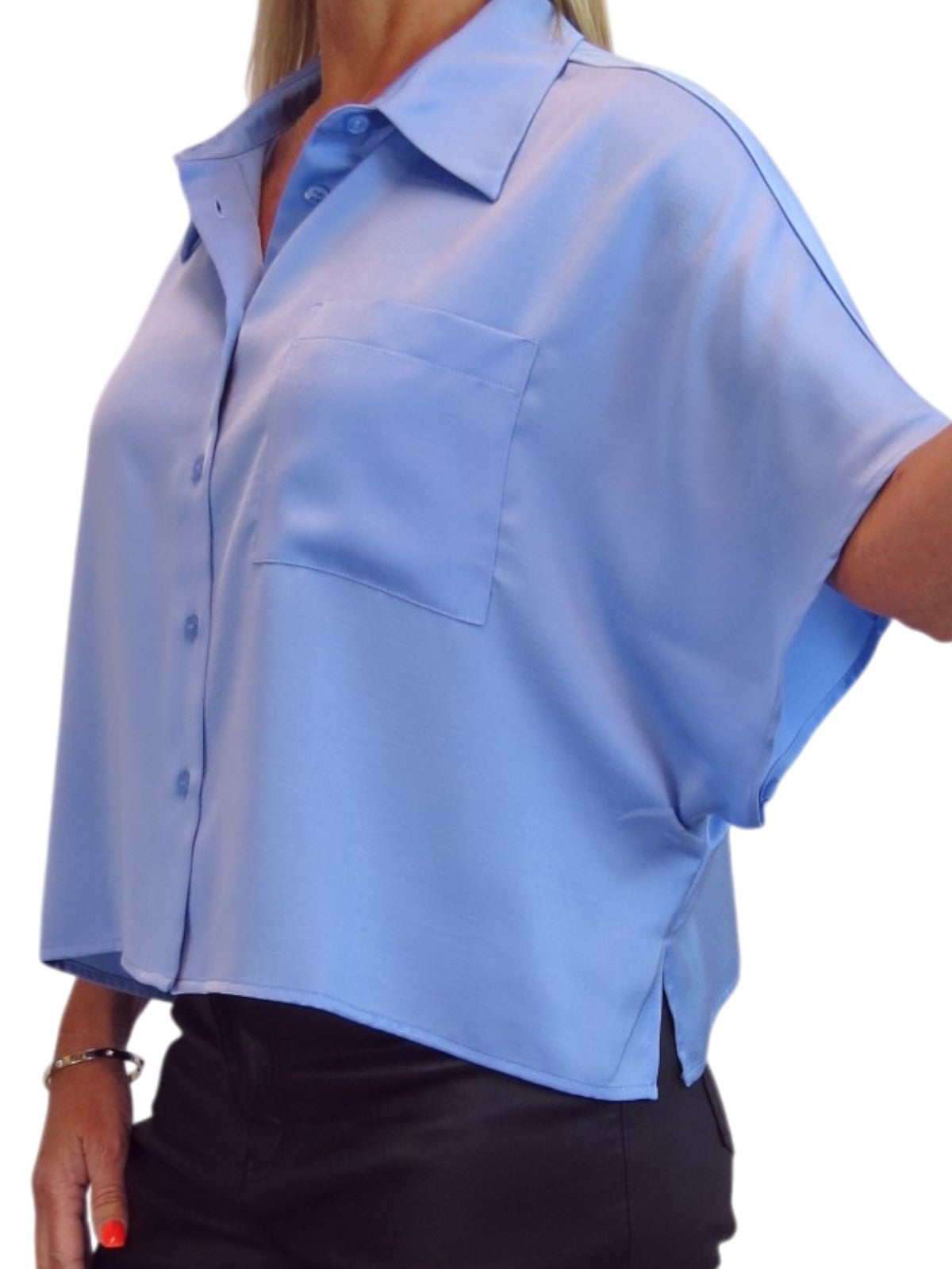 Womens Cropped Satin Short Sleeve Blouse Blue