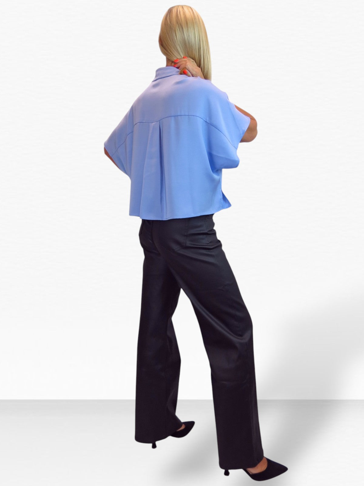 Womens Cropped Satin Short Sleeve Blouse Blue