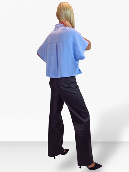 Womens Cropped Satin Short Sleeve Blouse Blue