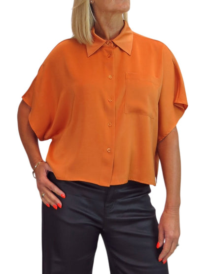 Womens Cropped Satin Short Sleeve Blouse Orange
