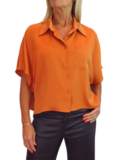 Womens Cropped Satin Short Sleeve Blouse Orange