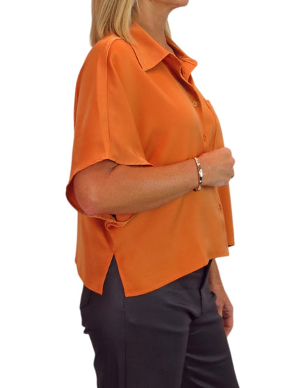 Womens Cropped Satin Short Sleeve Blouse Orange