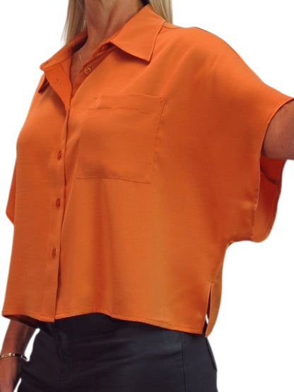 Womens Cropped Satin Short Sleeve Blouse Orange
