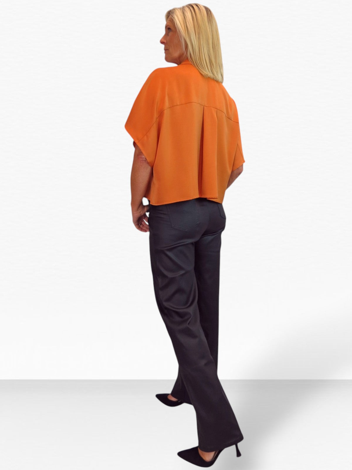 Womens Cropped Satin Short Sleeve Blouse Orange