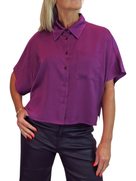 Womens Cropped Satin Short Sleeve Blouse Deep Plum