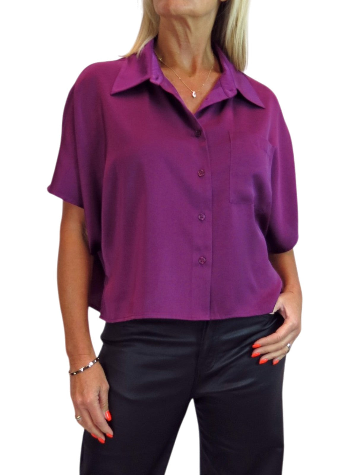 Womens Cropped Satin Short Sleeve Blouse Deep Plum