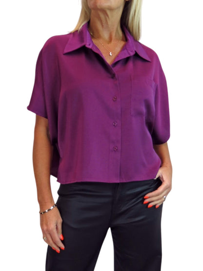 Womens Cropped Satin Short Sleeve Blouse Deep Plum
