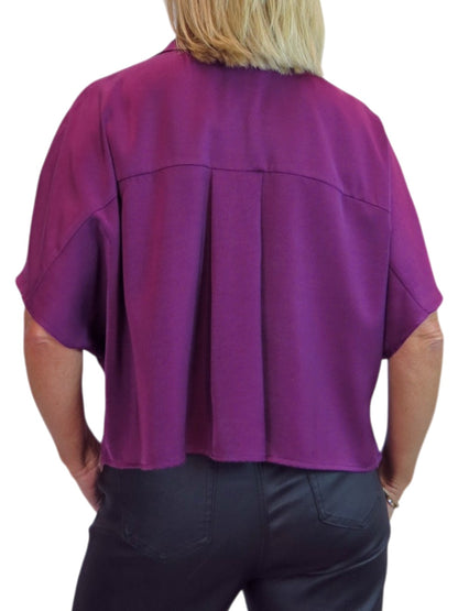 Womens Cropped Satin Short Sleeve Blouse Deep Plum