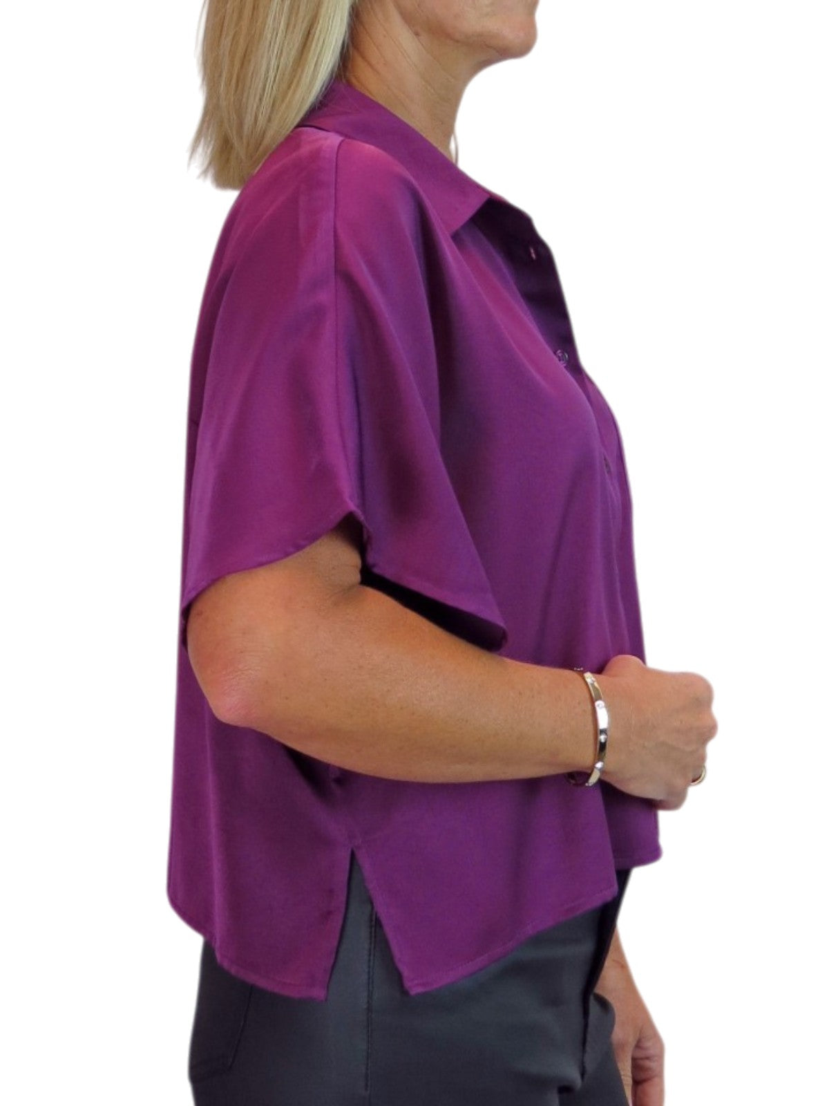 Womens Cropped Satin Short Sleeve Blouse Deep Plum